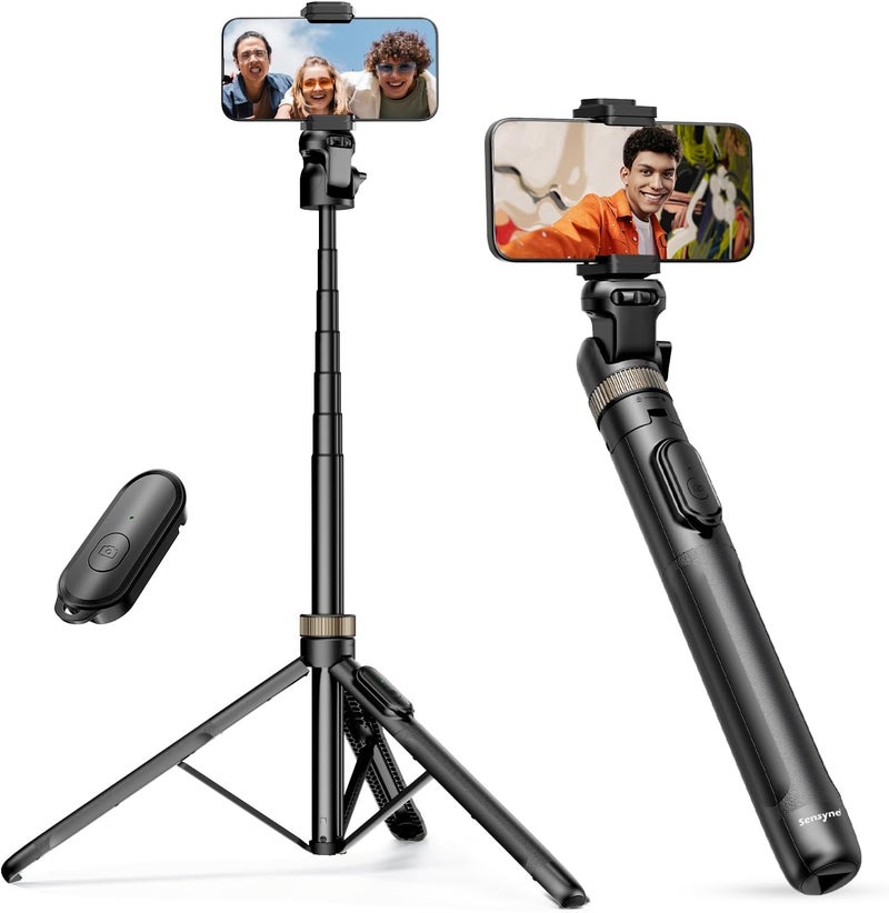 Sensyne 72" Extendable Tripod for iPhone & Selfie Stick with Detachable Phone Holder & Wireless Remote, Compatible with All Cell Phones, Black - Image 1
